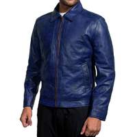 Nouvelle veste en cuir véritable bleu pour homme, style décontracté, col rabattu, fermeture éclair, pour l'automne et l'hiver.