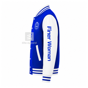 Chaqueta universitaria personalizada de la hermandad Zeta Phi Beta, azul y blanca, con cremallera frontal completa, cuello con banda, logotipo bordado, de algodón. - Product Image 4