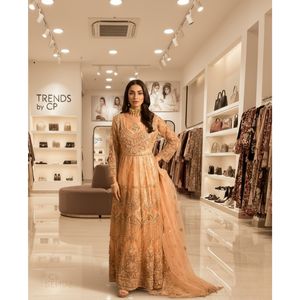 ชุดแม็กซี่ 3 ชิ้นสำหรับผู้หญิง เสื้อผ้าตาข่ายคาตัน ปักลายด้วยลูกปัดและงานฝีมือ  พร้อมกางเกงคาตันและผ้าคลุมตาข่าย สำหรับงานแต่งงาน/งานปาร์ตี้ - Product Image 1