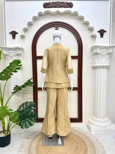 Conjunto de Traje Indio Pakistaní para Mujer, Top Beige de Mezcla de Lino y Pantalones Anchos con Cuello Bordado, Ropa Casual para Festivales - Product Image 5