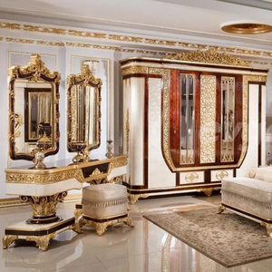 Ensemble de chambre à coucher King Size de luxe en acajou massif doré, style antique européen, sculpté à la main, meubles rembourrés, fabriqué en Indonésie, livraison gratuite - Product Image 5