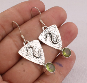 Natural Green Peridot Leaf <b>Earrings</b> in 925 <b>Silver</b> - Antique Finish Boho Foliage <b>Dangle</b> <b>Earrings</b> - Wholesale Artisan Jewelry - Product Image 3