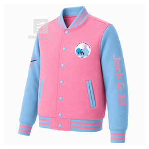 Chaqueta universitaria personalizada de la hermandad Jack & Jill of America, azul cielo y rosa, manga larga, cierre frontal con cremallera, cuello con ribete, logotipo bordado. - Product Image 2