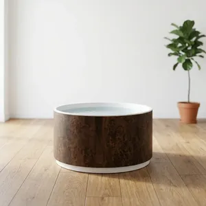 Modern <b>Round</b> Walnut Wood Coffee <b>Table</b> with White Top Decorative Low Side <b>Table</b> for Living Room - Product Image 5