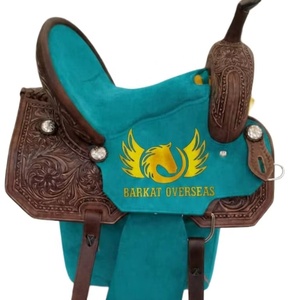 Silla de montar western de cuero genuino con diseño floral y turquesa personalizada, adornada con tachuelas de cobre, portátil para equitación y doma. - Product Image 1