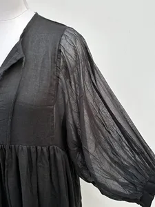 Women Black Plain Solid Tie Neck Cotton Maxi <b>Dress</b> With 3/4 Sleeve <b>Loose</b> Fit Boho Style Summer Casual <b>Dress</b> - Product Image 4