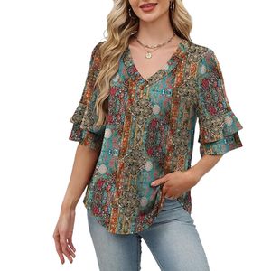Blusa retro con estampado floral para mujer, cuello en V, manga larga, corte holgado, estilo bohemio para uso diario en otoño - Product Image 3