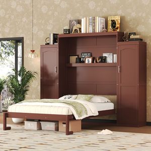 Lit Murphy en bois taille Queen avec 2 armoires de rangement, lit plateforme pliable multifonctionnel - Product Image 1