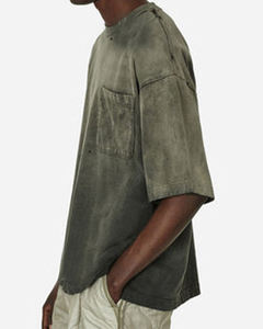T-shirt décontracté pour homme en coton vert uni, coupe oversize, manches courtes, col rond, tissu tissé teint en pièce - Product Image 3