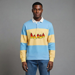 Men's Color Blocked Long Sleeve Polo <b>Shirt</b> With <b>Flame</b> Logo Front Casual Knitted 100% Cotton Plus Size - Product Image 4