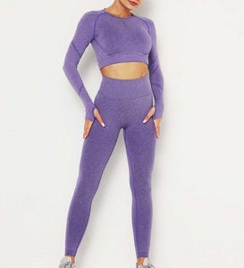 Women's Purple 2 Piece Yoga Set Crew Neck Crop Top Full Length <b>Leggings</b> High Waist Seamless Spandex Polyester Solid <b>Pattern</b> - Product Image 1