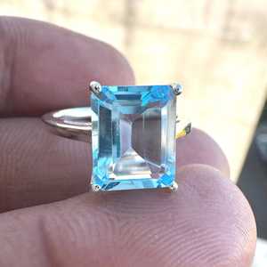 Blue Topaz <b>Ring</b> Sterling Silver Statement Rectangle Gemstone Jewelry Elegant Minimalist Gift For Her Luxury - Product Image 2