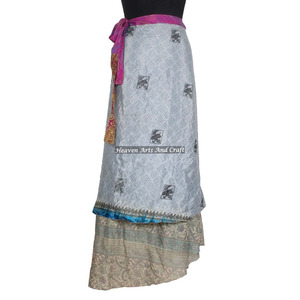 Falda Cruzada de Seda Virgen Marrón con Ribete a Cuadros para Mujer, Estilo Vintage, Larga, de Seda Sari, Reversible de 2 Capas, Mágica, 38 Pulgadas - Product Image 1
