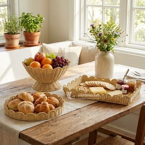 Eco-Friendly Modern Scalloped Rattan Serving Tray Wicker Decorative <b>Basket</b> Natural Finish Home Restaurant Dining <b>Table</b> - Product Image 6