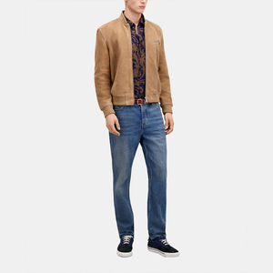 Suede <b>Leather</b> <b>Jacket</b> Round Neck Beige Color <b>Long</b> Sleeves <b>Jacket</b> With Zipped Pocket - Product Image 3