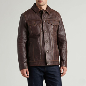 Men's Stylish Coated Woven Genuine Leather Varsity <b>Jacket</b> Stand Collar Streetwear Breathable Sherpa <b>Lined</b> Vintage Style Multiple - Product Image 1