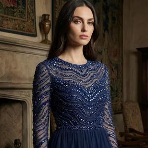 Tela de malla con lentejuelas bordadas a mano de primera calidad para vestido de noche, material de lujo para vestido azul marino, venta al por mayor - Product Image 1