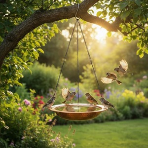 Mangeoire à oiseaux suspendue en cuivre avec texture martelée, chaîne de suspension en cuivre, design moderne éclairé pour jardin extérieur et cour arrière - Product Image 5