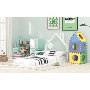 Letto singolo bianco per bambini con testiera a forma di casetta, design ispirato ai pavimenti in legno - Product Image 4