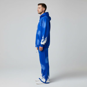 Chándal de algodón 100% para hombre con capucha, estampado de llamas azules/animal, largo completo, corte regular, estilo urbano, informal de primavera con cremallera - Product Image 3