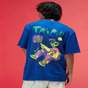Camiseta Oversize Azul para Hombre, Estilo Urbano, con Estampado Gráfico de Dibujos Animados en la Espalda, Manga Corta - Product Image 4