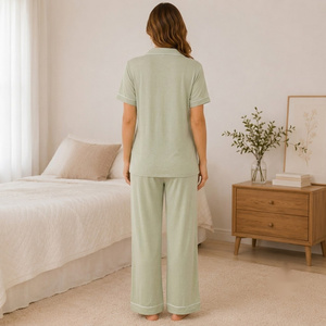 Conjunto de pijama de maternidad para mujer, manga corta, largo completo, algodón, transpirable, color sólido, cuello vuelto, ajuste holgado, ropa de dormir de primavera - Product Image 5