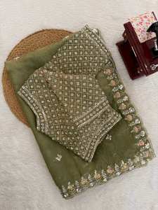 Elegant <b>Green</b> Fendy <b>Silk</b> Saree Gold Embroidery Winter Summer Quick Dry Designer Indian Wedding Bridal Party Wear Lehenga Style - Product Image 4