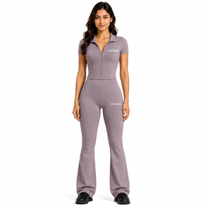 Wholesale OEM Custom Short Sleeve Zip Up Collared Top <b>Flared</b> <b>Leggings</b> Two Piece Women's Activewear Tracksuit <b>Gym</b> Yoga Suit Set - Product Image 1