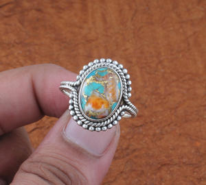 Vintage Style Spiny Oyster Copper <b>Turquoise</b> Silver <b>Ring</b> Unique Multi-Color Gemstone Jewelry Antique Finish 925 Silver Boho <b>Ring</b> - Product Image 1