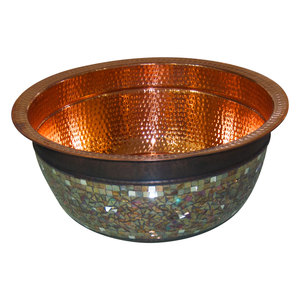 Évier en cuivre artisanal avec extérieur en mosaïque de verre, élégant lavabo pour salle de bain - Product Image 2