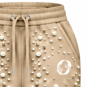 Custom Beige Pearl Beaded <b>Jogger</b> Pants <b>Women</b> Fashion Embellished Drawstring Sweatpants Luxury Casual Streetwear <b>Fleece</b> Bottoms - Product Image 6