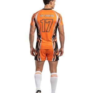 Uniformes de Rugby con Gráficos Tribales de Llamas Naranjas, Transpirables, Cuello Redondo, Tela Atlética, Conjuntos de Uniformes de Rugby Sublimados - Product Image 3