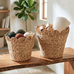 Handcrafted <b>Water</b> <b>Hyacinth</b> Woven Storage <b>Basket</b> with Scalloped Edge for Home Decor and Organization - Product Image 4