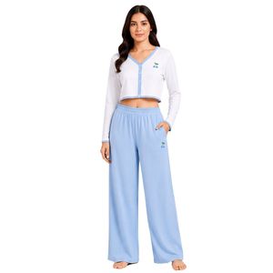 Conjunto de Pijama Corto de Manga Larga para Mujer, Color Blanco y Azul Cielo, con Estampado de Cerezas, Tejido de Algodón Suave, Pantalones Anchos, Fabricación Personalizada OEM - Product Image 1