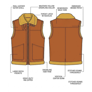 Gilet en cuir véritable pour homme de qualité supérieure avec col et ourlet en fourrure, fermeture éclair, vêtement d'extérieur décontracté pour l'hiver, respirant - Product Image 4