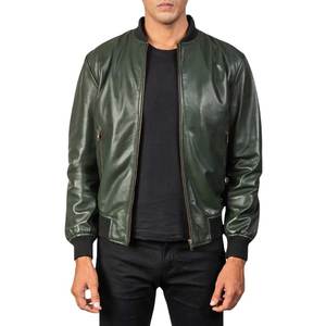 เสื้อแจ็คเก็ตหนังวัวสีเขียวสำหรับผู้ชาย แบบลำลอง มีซิป คอตั้ง - Product Image 1