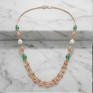 Collier Mala italien en argent 925, finition or rose, pierre verte, perle, bijoux multicouches de créateur pour femmes - Product Image 2