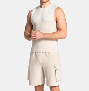 Premium Beige Custom Men’s Sleeveless Tank Top and Cargo Shorts <b>Set</b> 2 Piece 100% Cotton Breathable Gym Sportswear Summer Outfit - Product Image 4