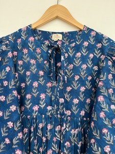 Women Blue Pink Floral Cotton Maxi <b>Dress</b> Long Sleeve Tie Neck Boho <b>Dress</b> Casual Summer Wear <b>Loose</b> Fit Prairie <b>Dress</b> - Product Image 2