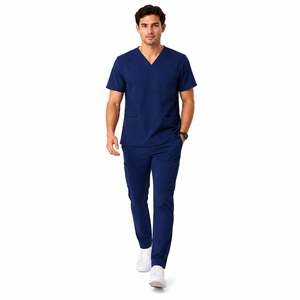 Conjunto de Uniformes Médicos Personalizados para Hombre, 100% Algodón, Tela de Lana Peinada, Azul Marino, Cuello en V, Uniforme de Hospital, Manga Corta, Ropa de Trabajo para Médico y Enfermero - Product Image 5