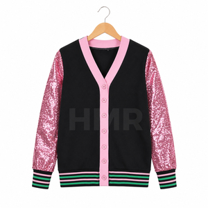 HMR Sisterhood Sorority Women's <b>Black</b> Pink <b>Sequined</b> Sleeve V-Neck Cardigan Long Sleeve Casual Knitted <b>Top</b> - Product Image 5