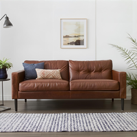 Canapé en cuir marron de style moderne du milieu du siècle, 3 places, en cuir de vache véritable, lignes épurées, structure en bois, pour le salon