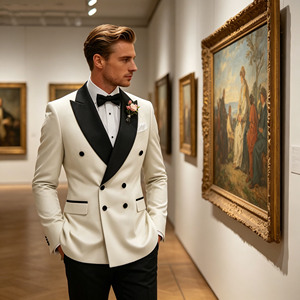 <span class=keywords><strong>Costume</strong></span> de smoking 2 pièces pour homme, coupe ajustée, satin ivoire et <span class=keywords><strong>noir</strong></span>, revers en pointe, blazer croisé et pantalon, pour mariage, marié, soirée formelle - Product Image 2