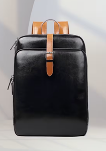 Leather <b>Backpack</b> <b>Black</b> With Brown Straps <b>Men</b> Women Daily Use Travel Bag Multi Pocket Design Classic Leather <b>Backpack</b> with - Product Image 2