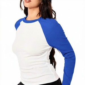 Wholesale Women Casual White Blue Cotton Summer Long Sleeve <b>Raglan</b> Crop <b>Top</b> Crew Neck Color Blocked Slim Fit Knitted T-Shirts - Product Image 4
