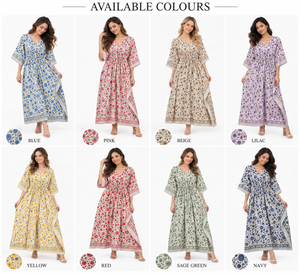 Blue <b>White</b> Floral Woven Bohemian Kaftan <b>Dress</b> V Neck Maxi Olive Leaves Contrast Border <b>for</b> Wholesale Boutique Resort Wear B2B - Product Image 3