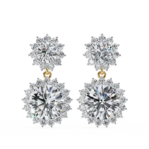 Boucles d'oreilles clous en or massif 18 carats avec diamants de laboratoire taille brillant rond, micro-pavé, double halo et accent cercle, bijoux fins pour femme - Product Image 1