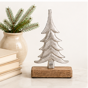 Handcrafted Silver Aluminum Metal Christmas <b>Tree</b> Sculpture On Mango Wood Base Modern Minimalist <b>Tabletop</b> Xmas Decor Centerpiece - Product Image 2