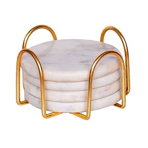 Glamorous White Marble Drink Coaster Set with Electroplated Gold Rack Modern Luxe <b>Table</b> <b>Protectors</b> for Home Barware - Product Image 1