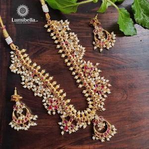 Rhodium Plated CZ Leaf Bridal Jewelry Set-<b>Ruby</b> Guttapusalu <b>Necklace</b> and Earring Set - Product Image 1